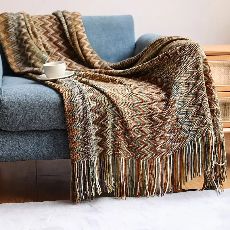 Boho knitted throw with tassels for sofa or bed