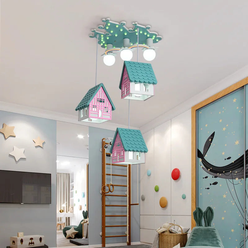 Children's bedroom chandelier with hanging Christmas decorations