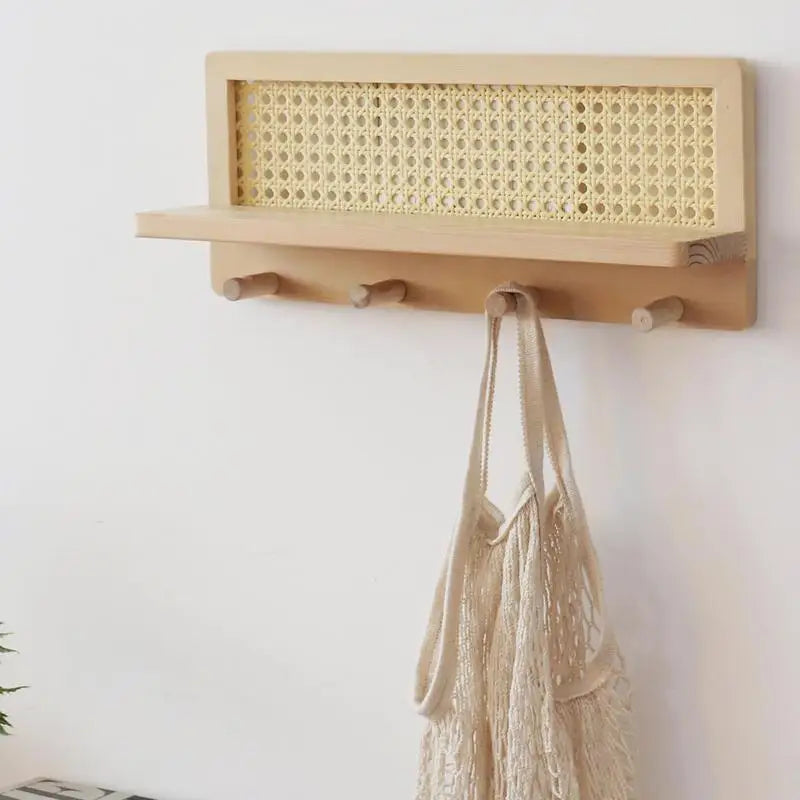 rattan and wood wall shelf with hooks rustic and bohemian decor