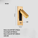 Black Brass Rectangular LED Wall Lamp Wall Sconce Wall Spotlight Reading Light with Switch and USB Port, Rotatable For Bedroom