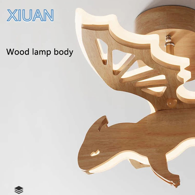 Nordic natural wood dragon LED ceiling light for children - vue 5 sur 7