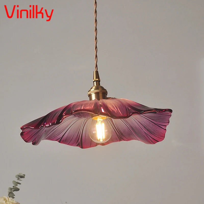 Minimalist nordic pendant light japanese style brass glass flower lamp - vue 3 sur 13
