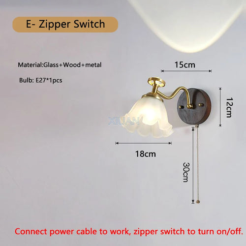 Wabi-sabi glass flower wall light with solid wood - vue 18 sur 21