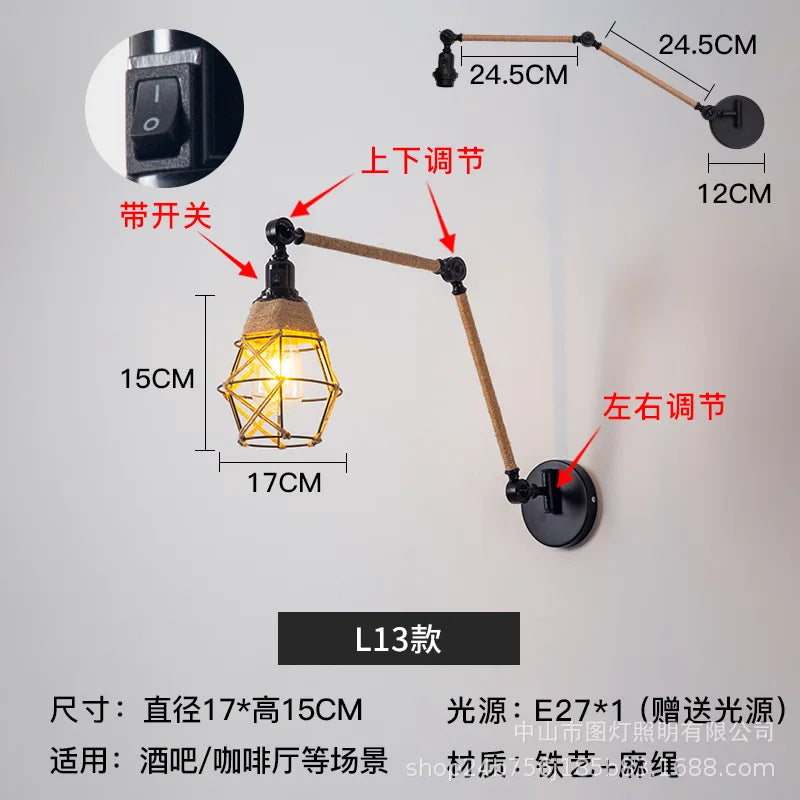 Nordic telescopic wall lamp with adjustable swivel arm and hemp rope - vue 22 sur 22