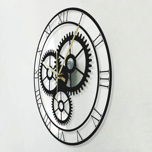 retro silent wall clock with roman numerals and mechanical gears - vue 2 sur 8