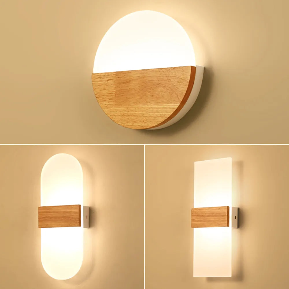 Nordic LED wooden wall light, acrylic bedside sconce for bedroom, living room, kitchen and hallway