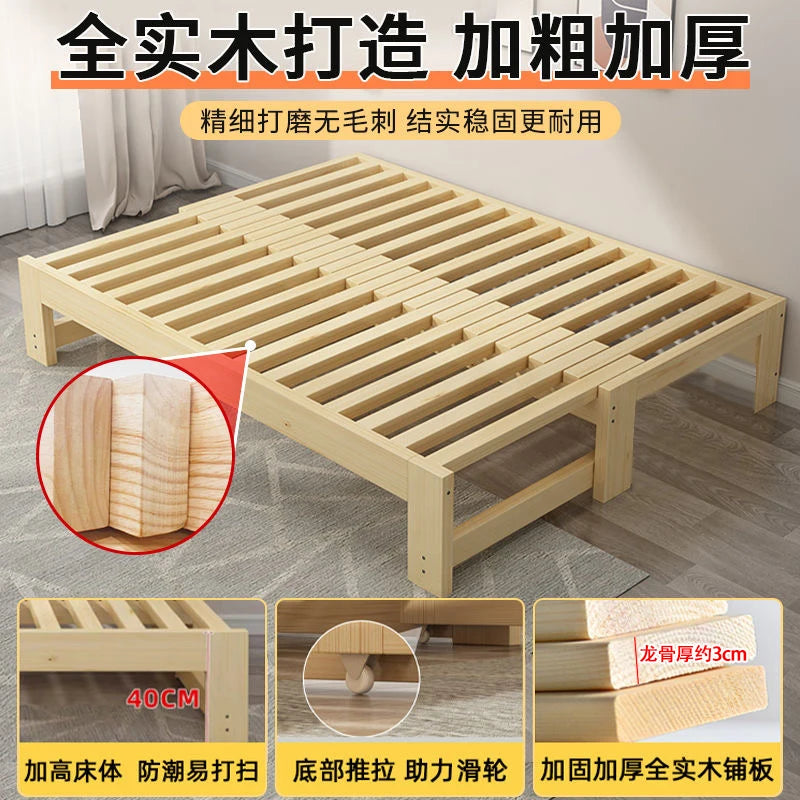 Customized: Fold-out sofa bed, dual-purpose all-solid wood, small apartment, telescopic bed, pull-out bed, push-pull bed, foldab - vue 1 sur 24