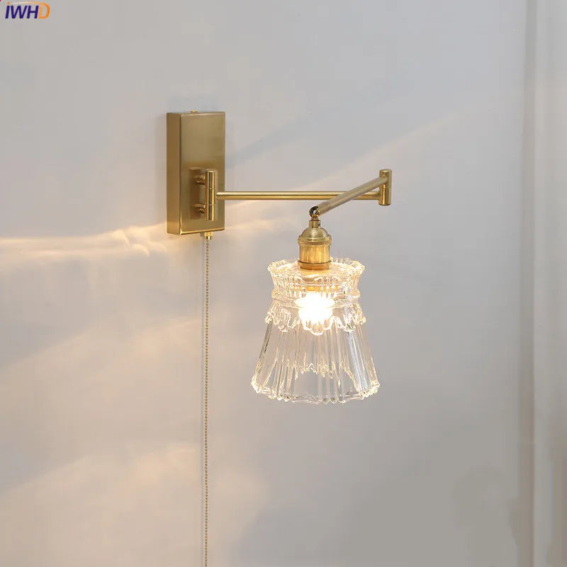 IWHD pull chain glass LED wall light left right rotating arm modern nordic sconce