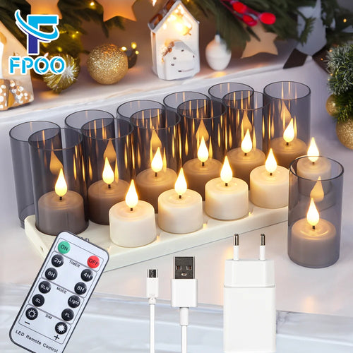 set of 6 or 12 rechargeable LED candles with timer and flashing - vue 3 sur 10