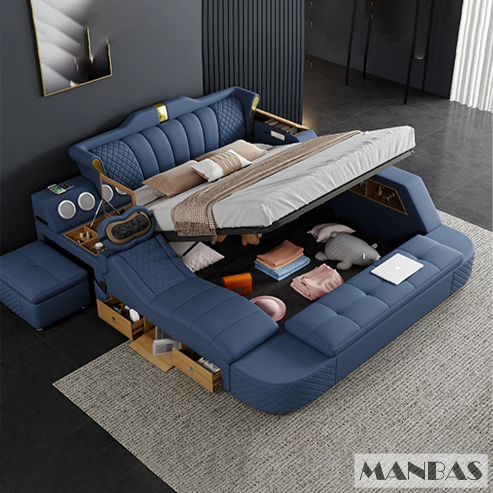 Tech Smart Bed 2 People with King Size Bed Frame Queen, Genuine Leather, Massage, USB, Bluetooth Speaker, and Safe By MINGDIBAO - vue 3 sur 8