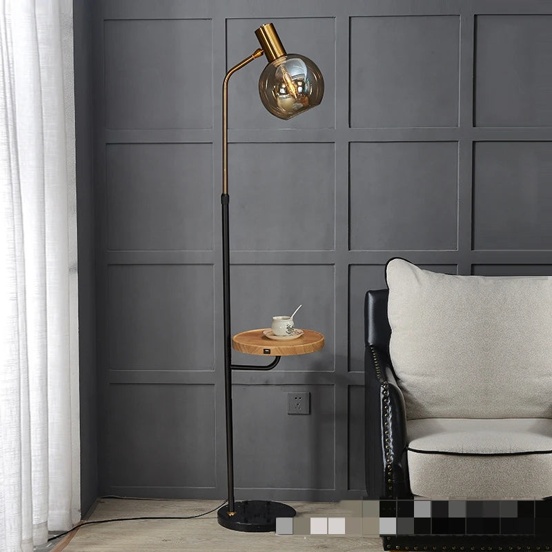 Modern LED floor lamp with amber glass, marble and wood base for living room, bedroom or reading, E27 bulb
