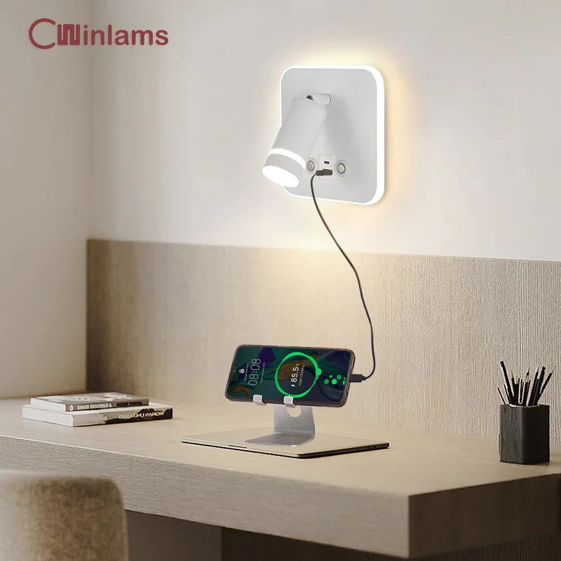 Rotating LED reading lamp with USB port and Type-C switch