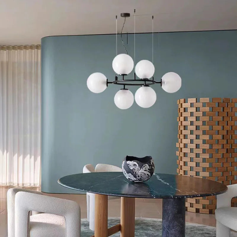 Modern adjustable glass chandelier with black ring