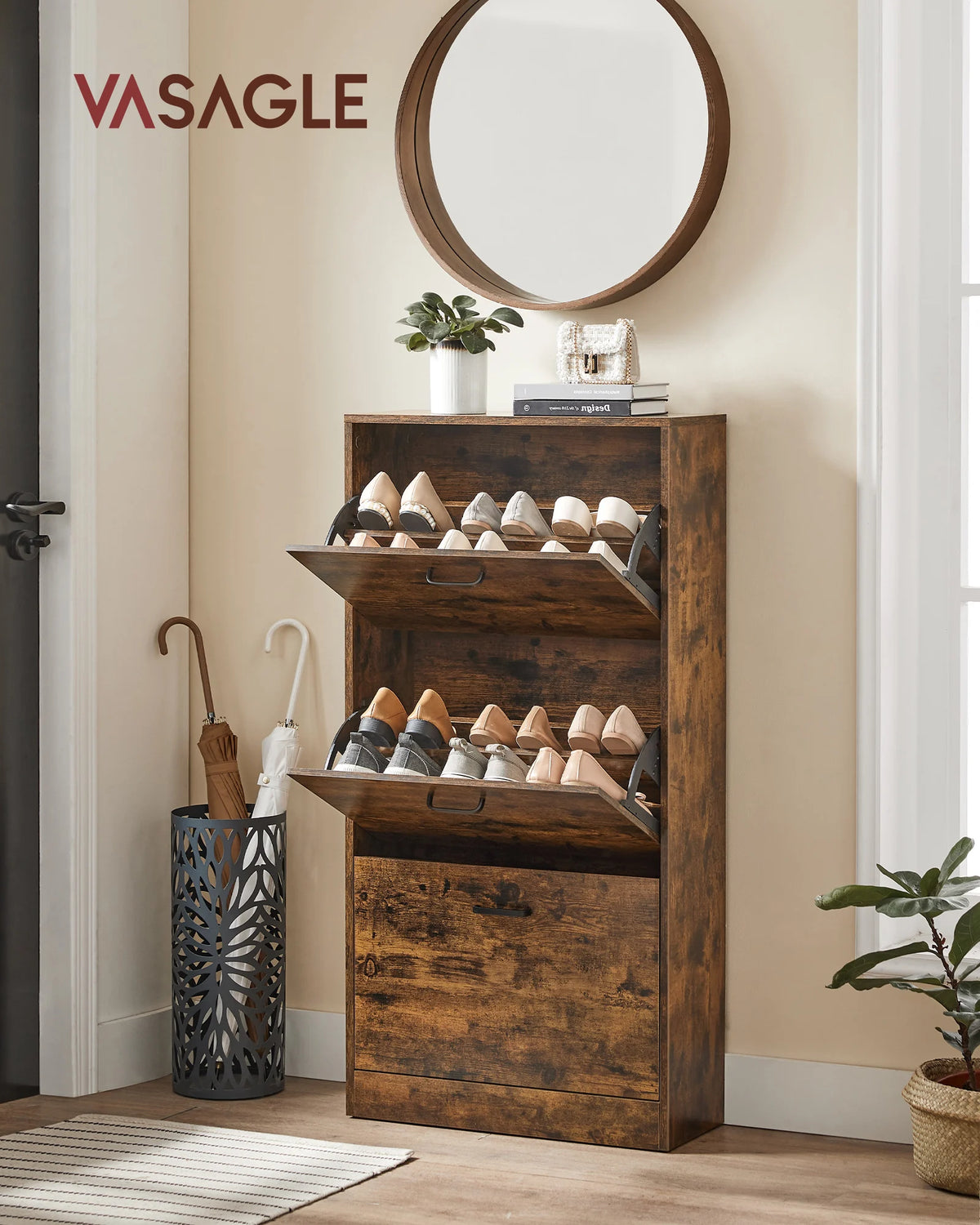 VASAGLE 3-Leaf Shoe Cabinet, 3-Tier Storage Cupboard, Rustic Brown - vue 1 sur 7