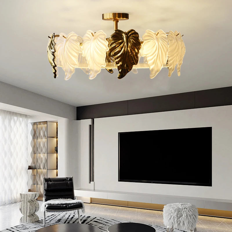 French vintage-style glass leaves LED ceiling light - vue 5 sur 9