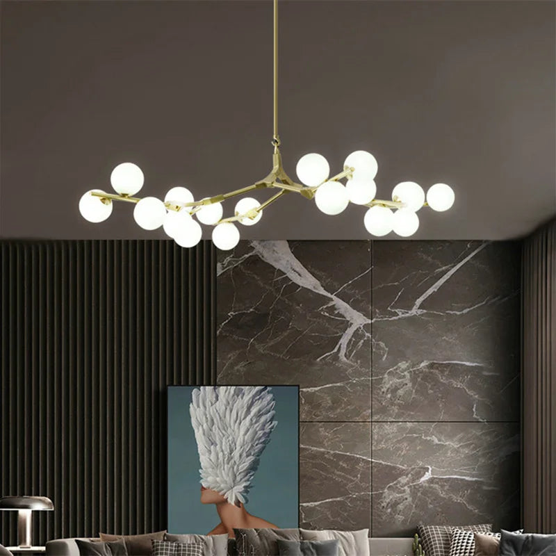 Glass chandelier with tree branches and glowing glass balls - vue 4 sur 12