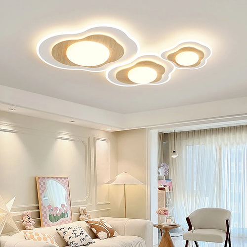 Luxury LED ceiling light in white, wood and cream for bedroom, living room or home - vue 6 sur 10