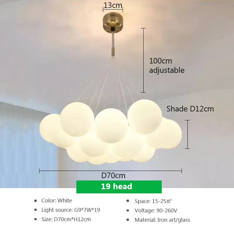 Modern glass chandelier with white LED spheres for living and dining room - vue 17 sur 18