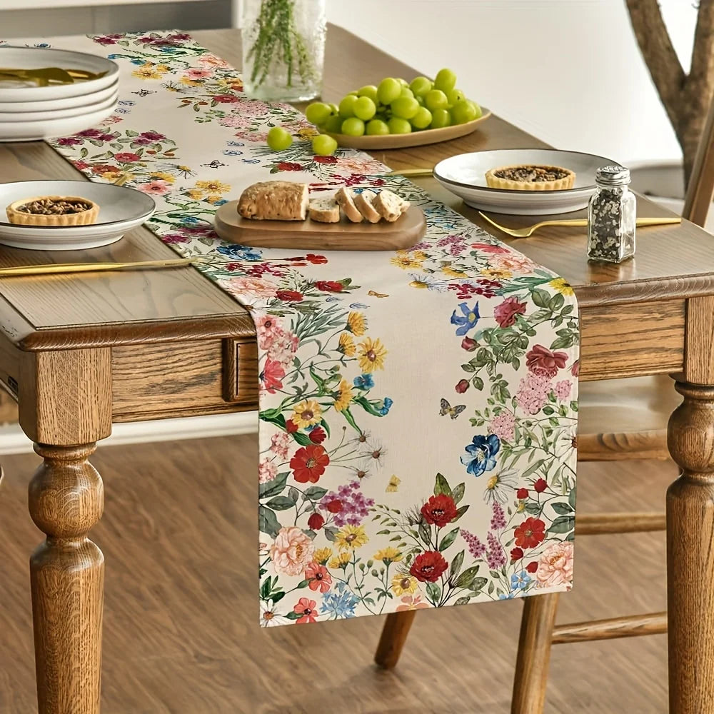 Linen table runner with floral and butterfly design