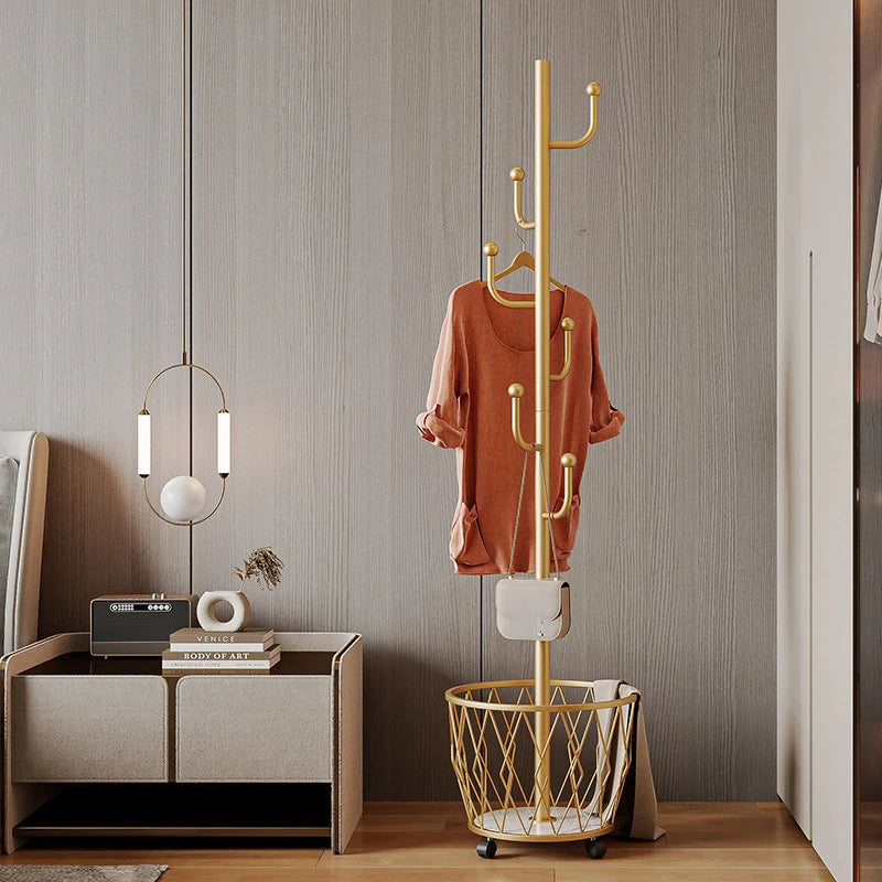 modern clothes hanger with mobile shelf on wheels