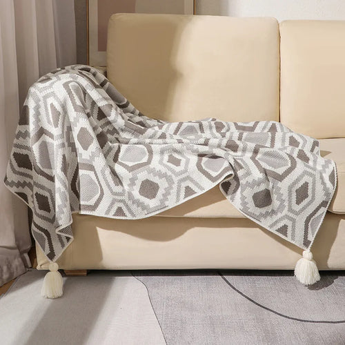 Bohemian geometric check throw with tassels for living room