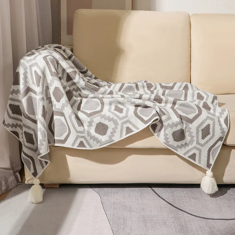 Bohemian geometric check throw with tassels for living room