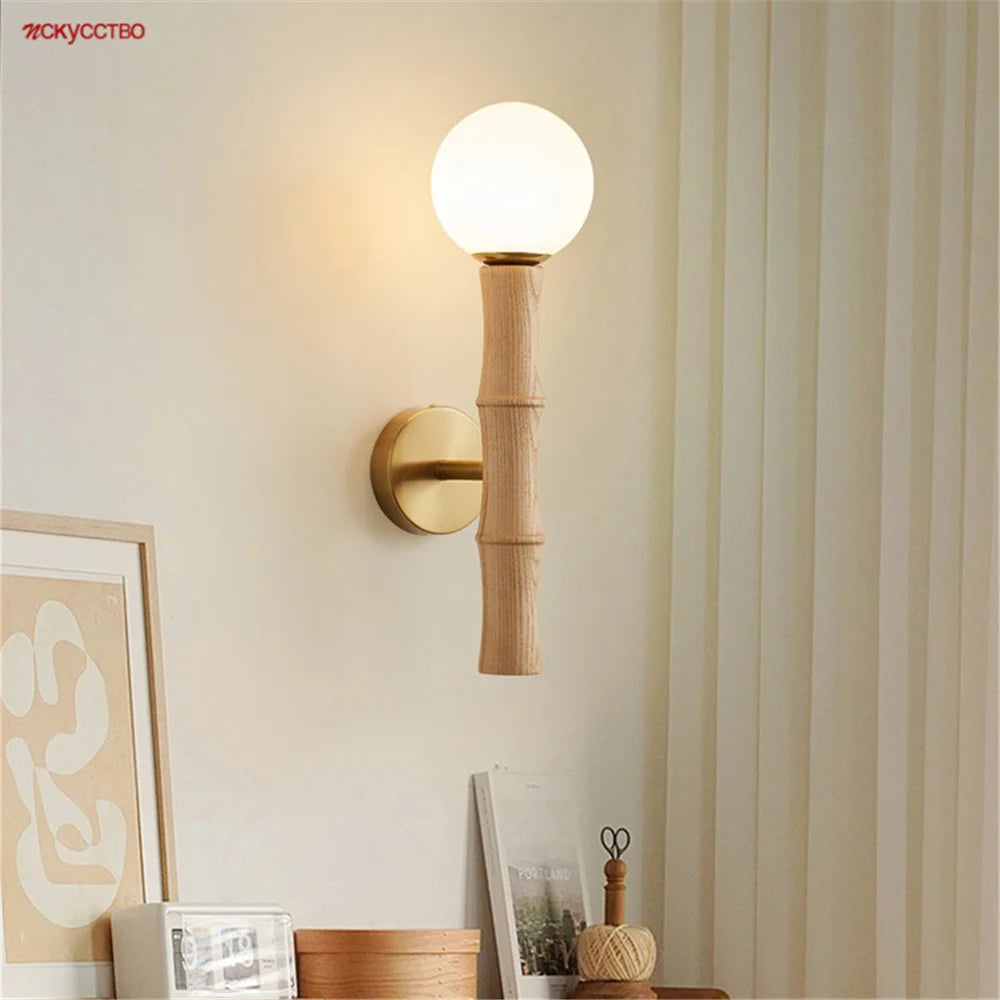 Vintage glass and wood wall light for interior decoration