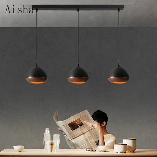 Japanese wabi-sabi style iron chandelier with Nordic walnut effect - vue 5 sur 10