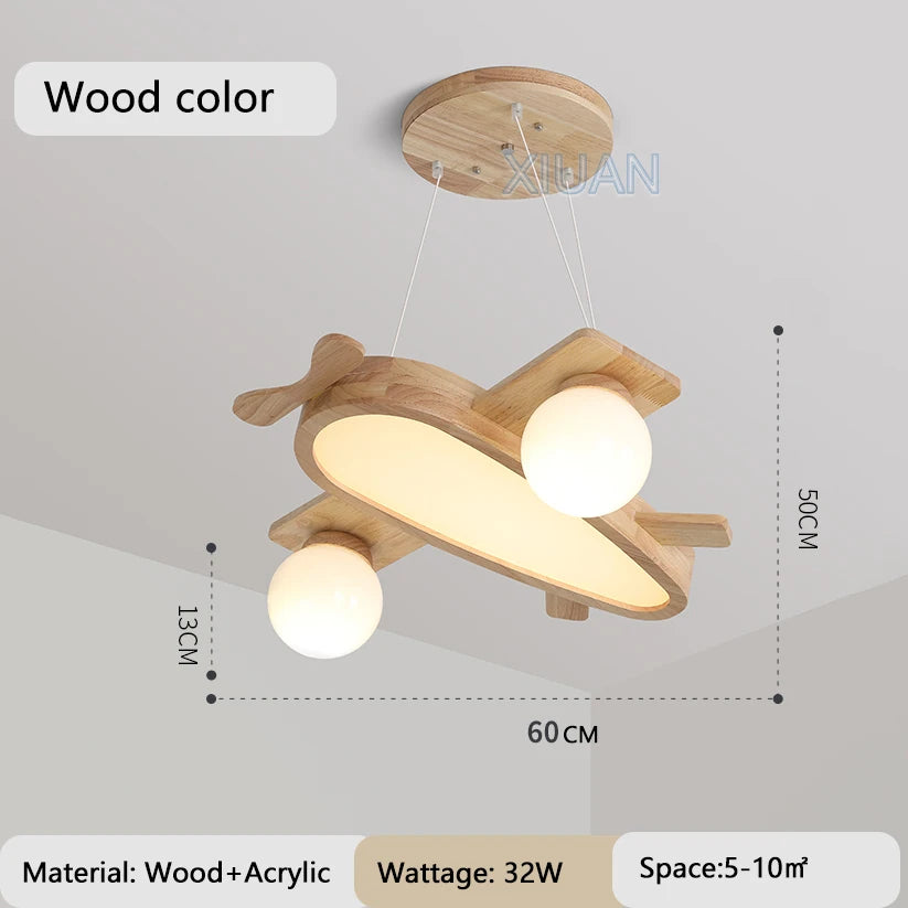 Solid wood airplane pendant light for children