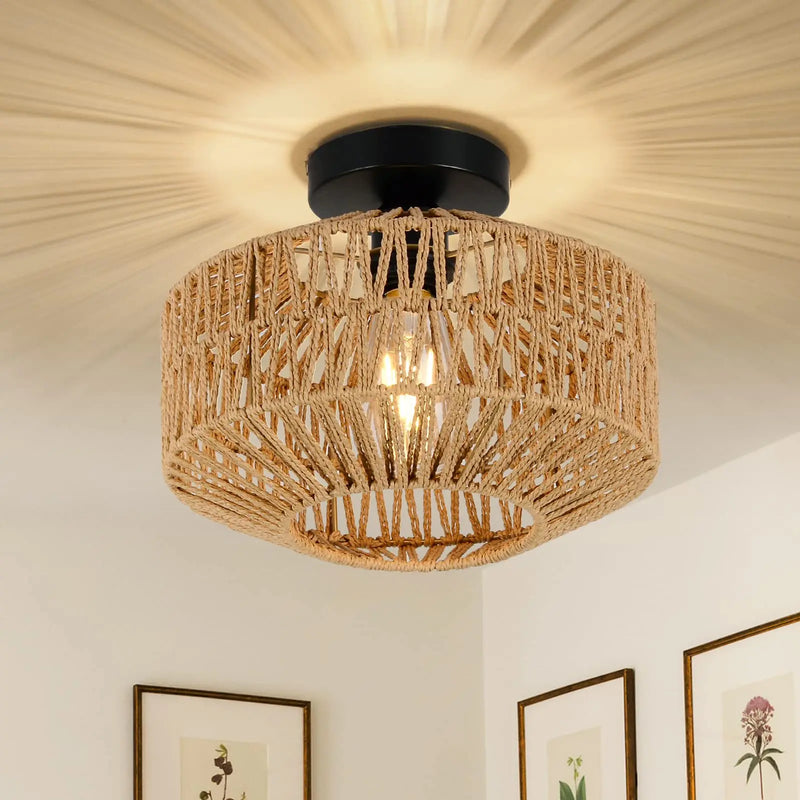 Hand-woven rattan ceiling light with E27 socket for hallway, bedroom, kitchen