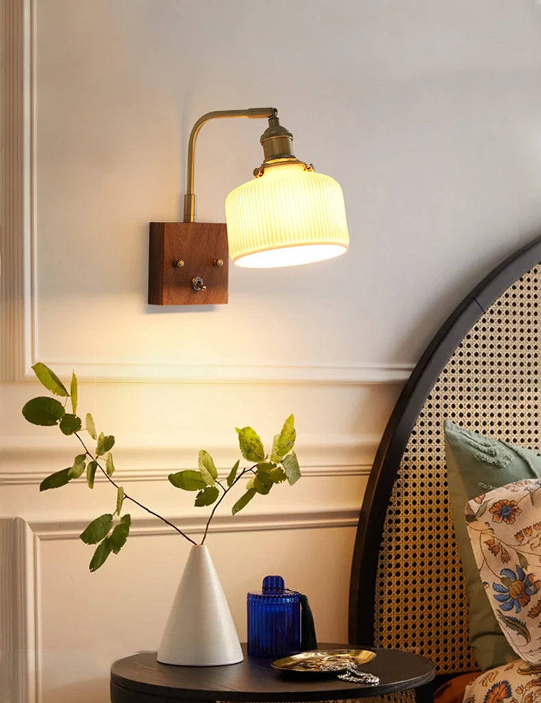Minimalist Japanese wall light in wood and vintage glass