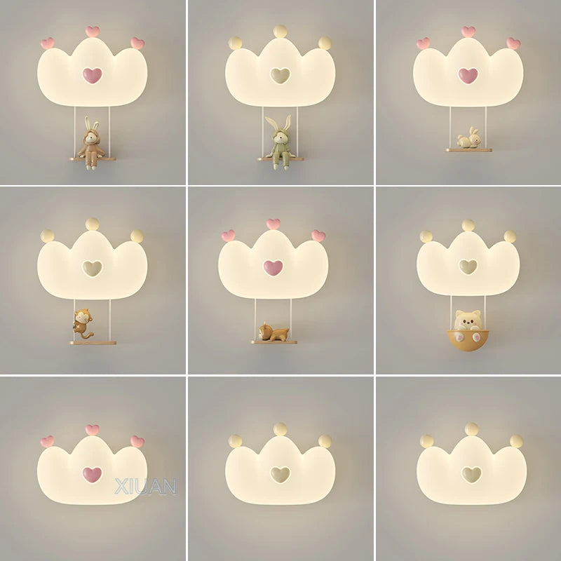 Pink crown wall light for girls with animal night lamp