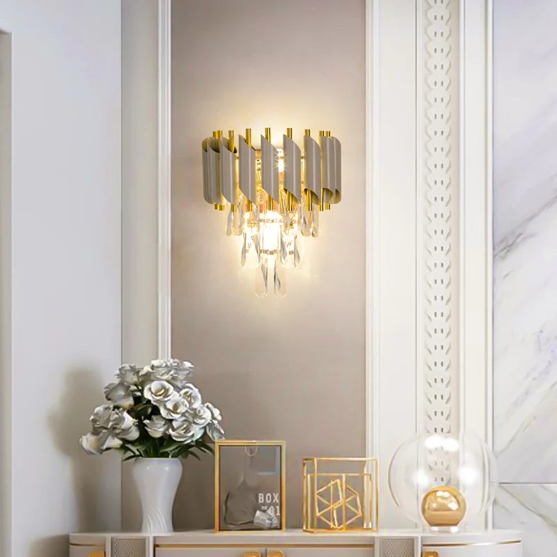 Crystal and stainless steel LED wall light for modern interiors