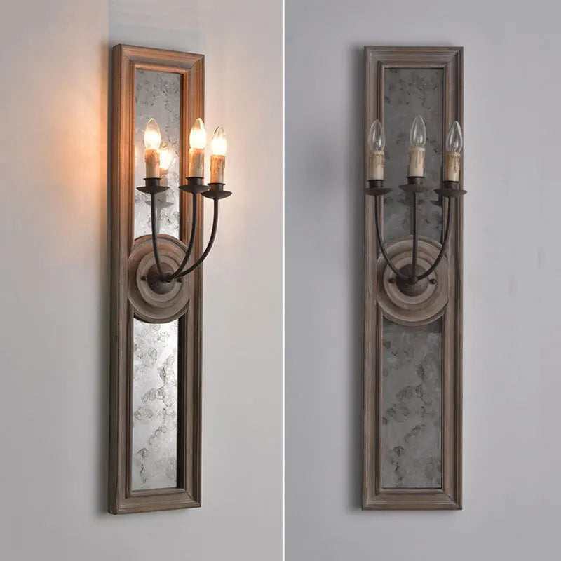 American retro wooden and old iron wall light with mirror