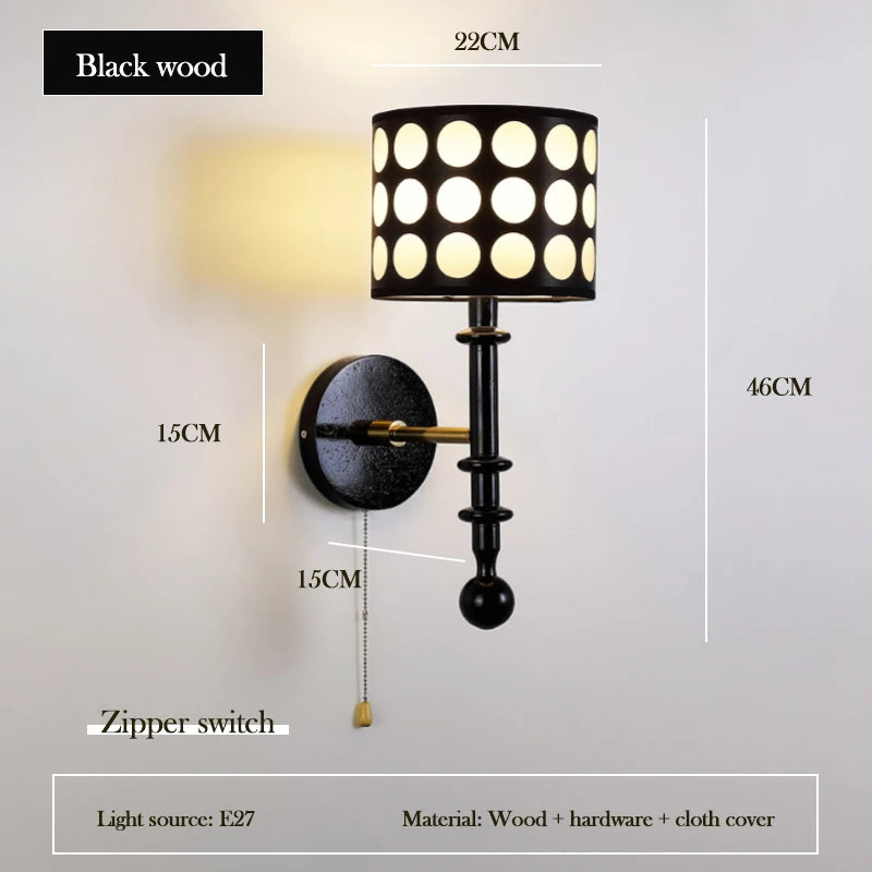 Retro medieval solid wood wall light with decorative polka dots