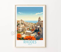Retro travel poster with castle and Santorini island in Greece