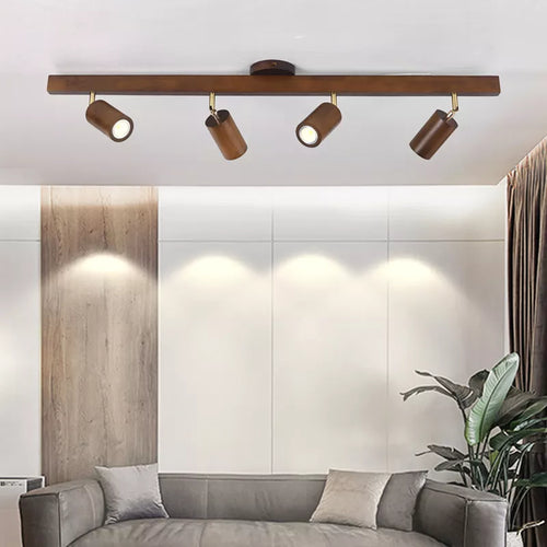 Wood grain LED ceiling chandelier with spotlights for living room, bedroom or kitchen - vue 2 sur 16