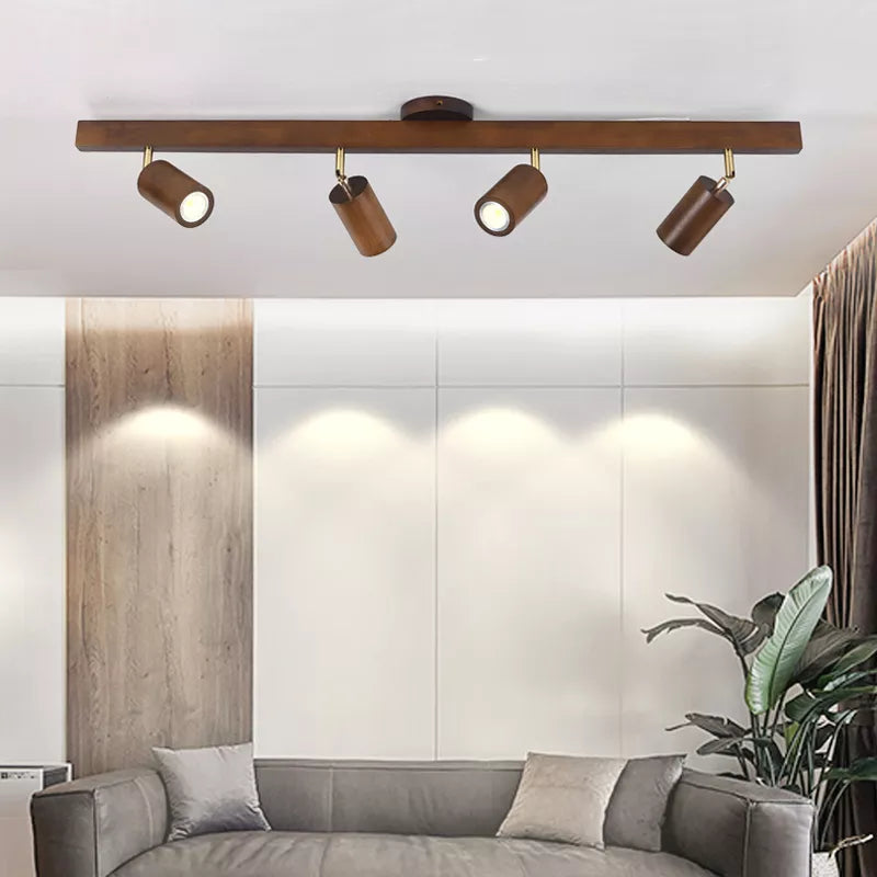 Wood grain LED ceiling chandelier with spotlights for living room, bedroom or kitchen