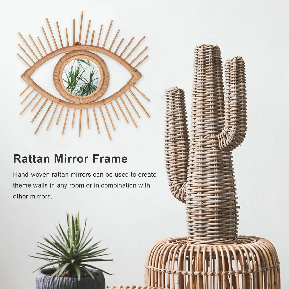 Decorative rattan mirror frame in eye shape