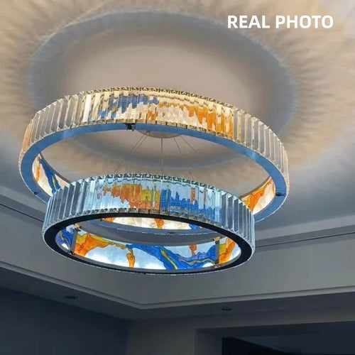 Modern dimmable LED chandelier with decorative steel ring - vue 5 sur 14