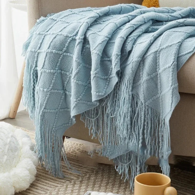 Nordic style jacquard knitted throw with pom poms for sofa