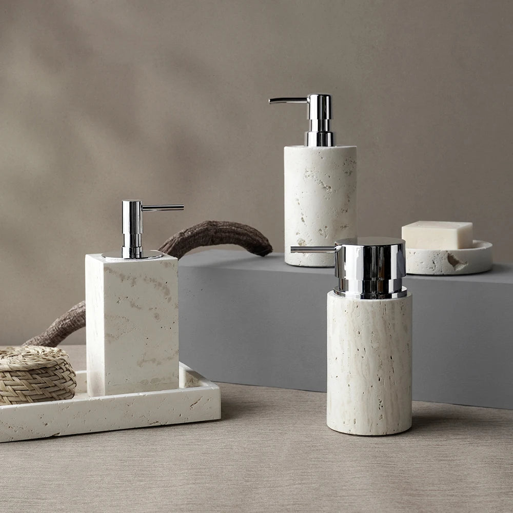 ensemble daccessoires en travertin beige pour salle de bain - vue 5 sur 20