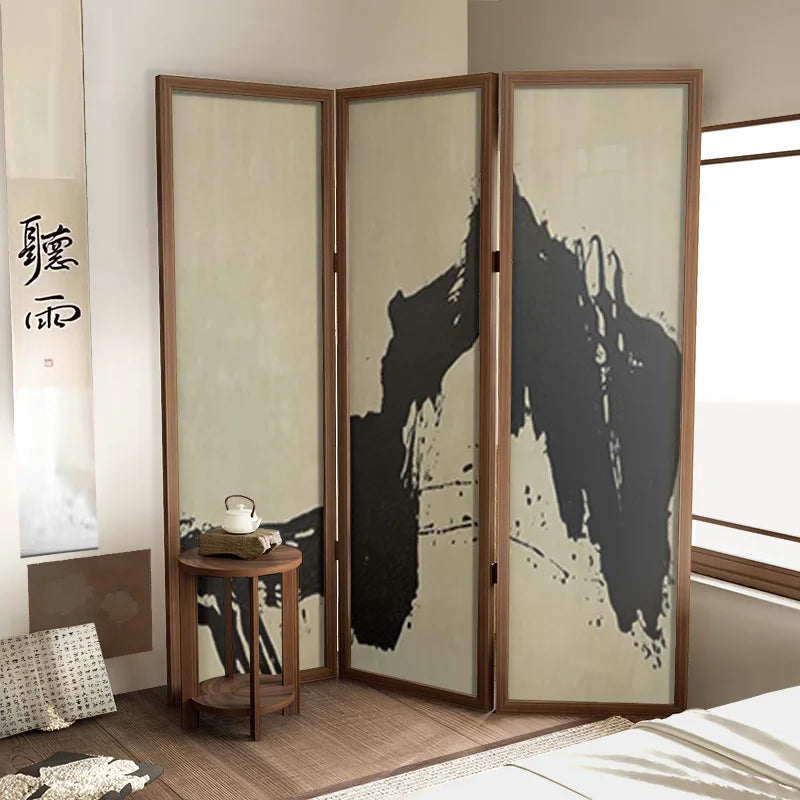 Chinese abstract landscape decorative solid wood folding screen