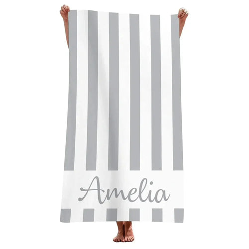 Personalised striped microfibre beach towel with name