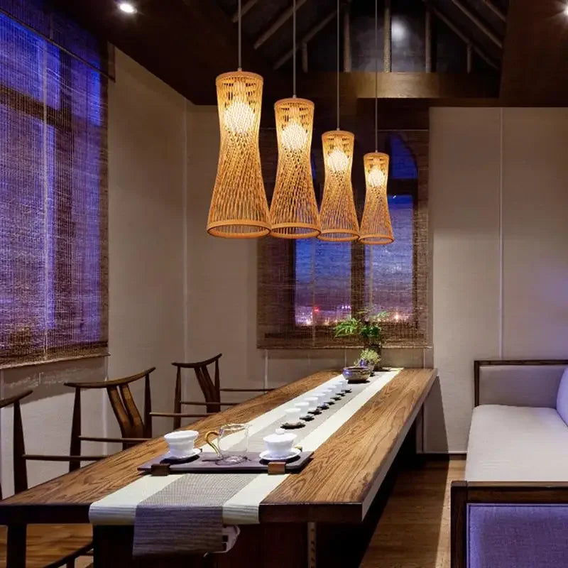 Japanese bamboo chandelier with Chinese style woven rattan