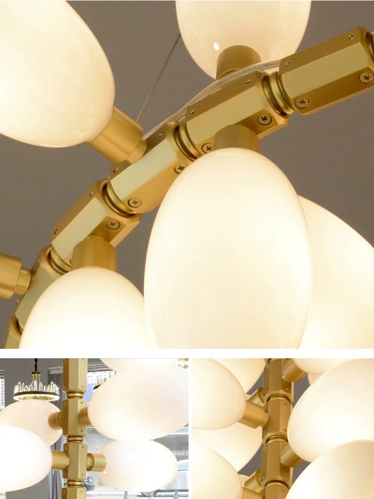 Modern Luxury White Glass Grape Shaped Duplex Villa Chandelier, Living Room, Dining Room, Hotel Circular Decorative Chandelier - vue 3 sur 15