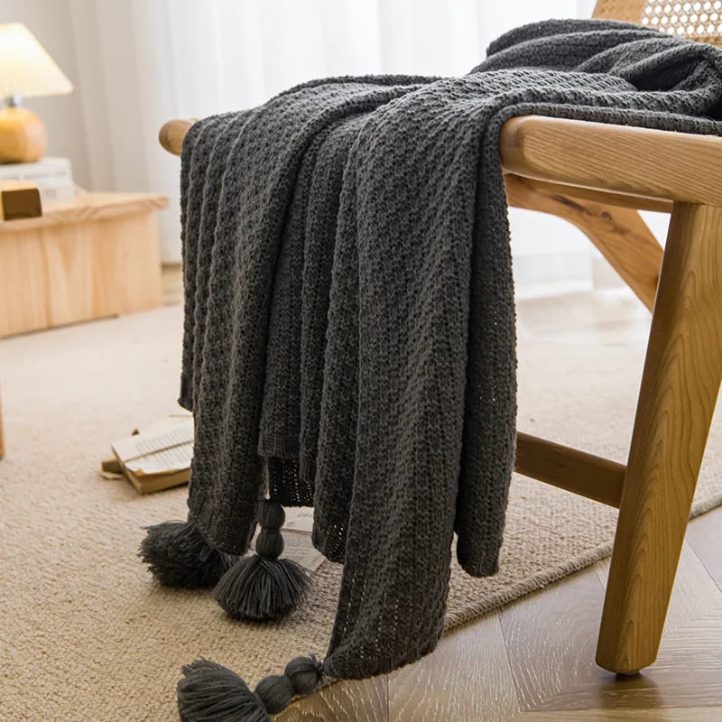 Chunky waffle knit throw with pompom nordic style