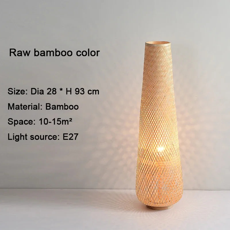 Cylindrical bamboo and wicker floor lamp with retro wooden weave