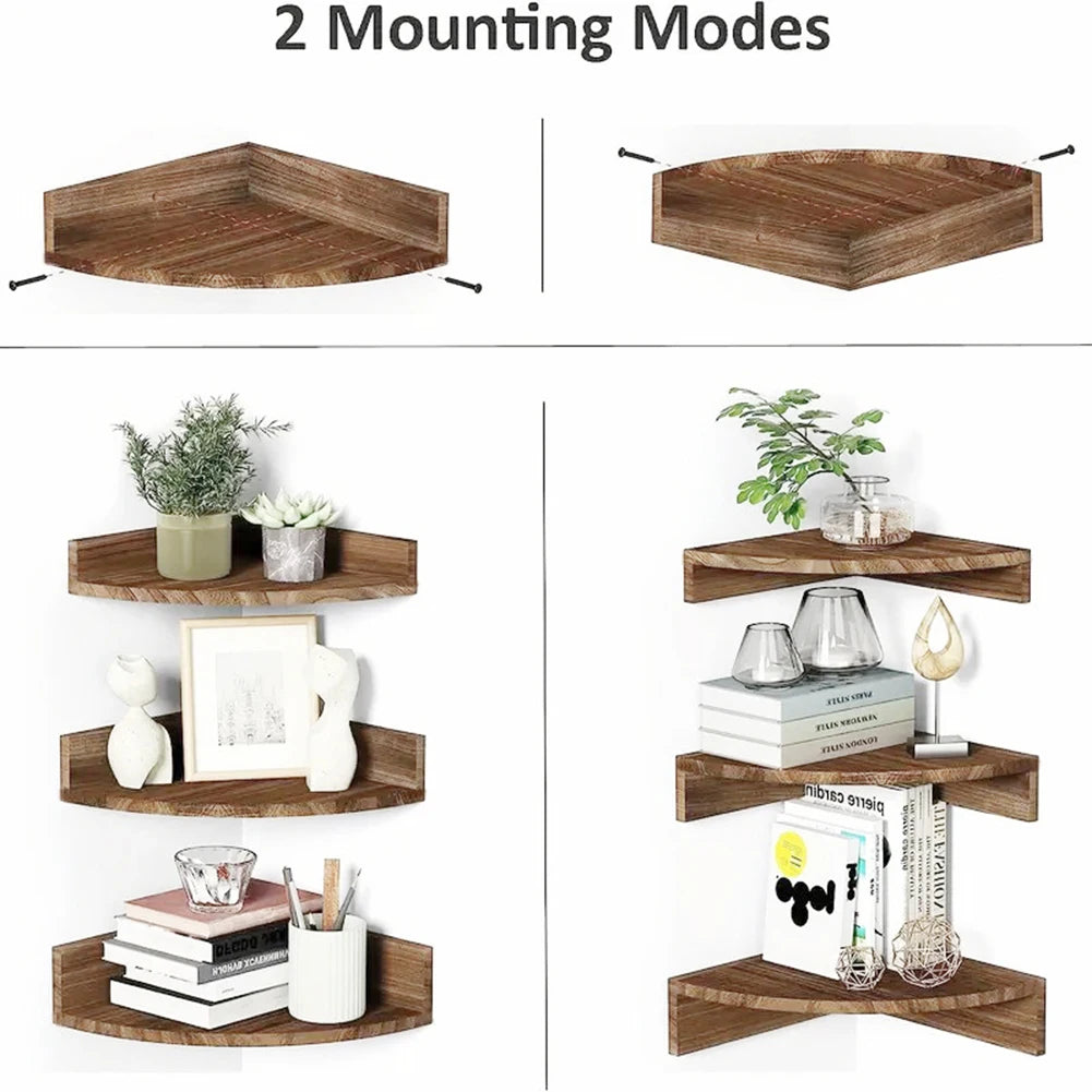wooden corner fan shelves for decorative storage