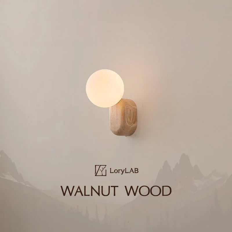 Spherical Glass Walnut Wood, Modern Wabi-Sabi Minimalist Style, Wall Sconce Light for Living Room, Dining Room, Bedroom, Study